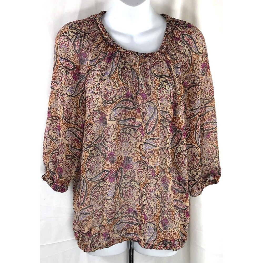 Faded Glory Chiffon Flowy Top S Tan Red Multi Paisley Peasant LongSleeve Boho